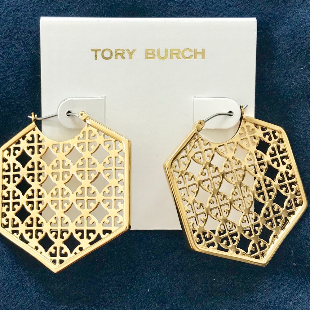 Tory Burch Gold Perforated Logo Hexa Hoop Earrings